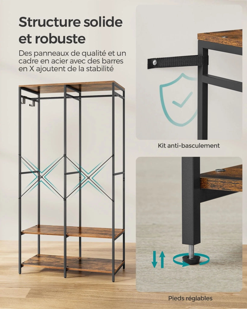 Armadio porta abiti portatile ripiani pieghevoli in metallo con asta appendiabiti e gancio rimovibile 40 x 945 x 180 cm marrone 12_0004046