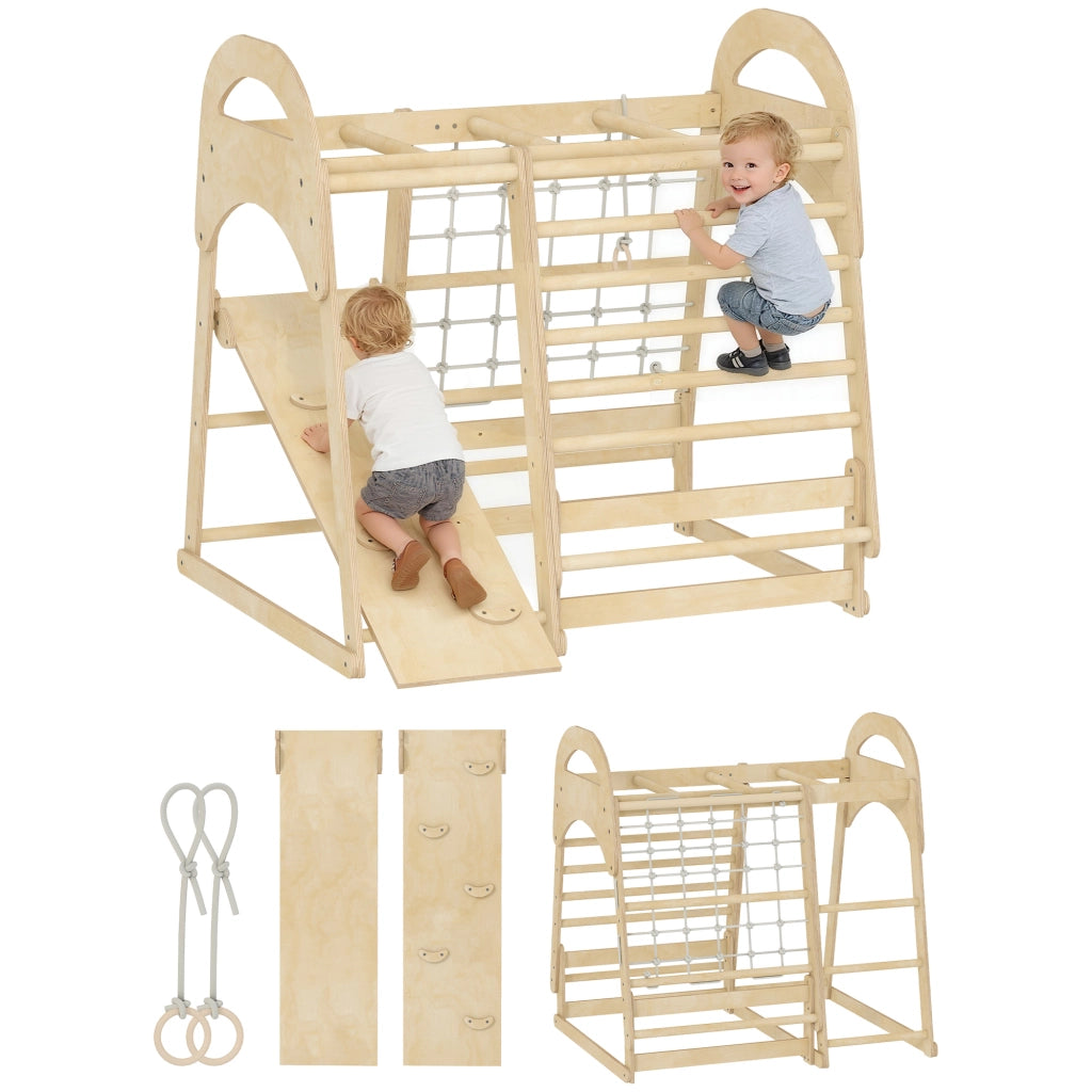 Set arrampicata interno 6-in-1 ¨C Xylo ¨C con scivolo, scala, rete e parete, legno, 3-6 anni