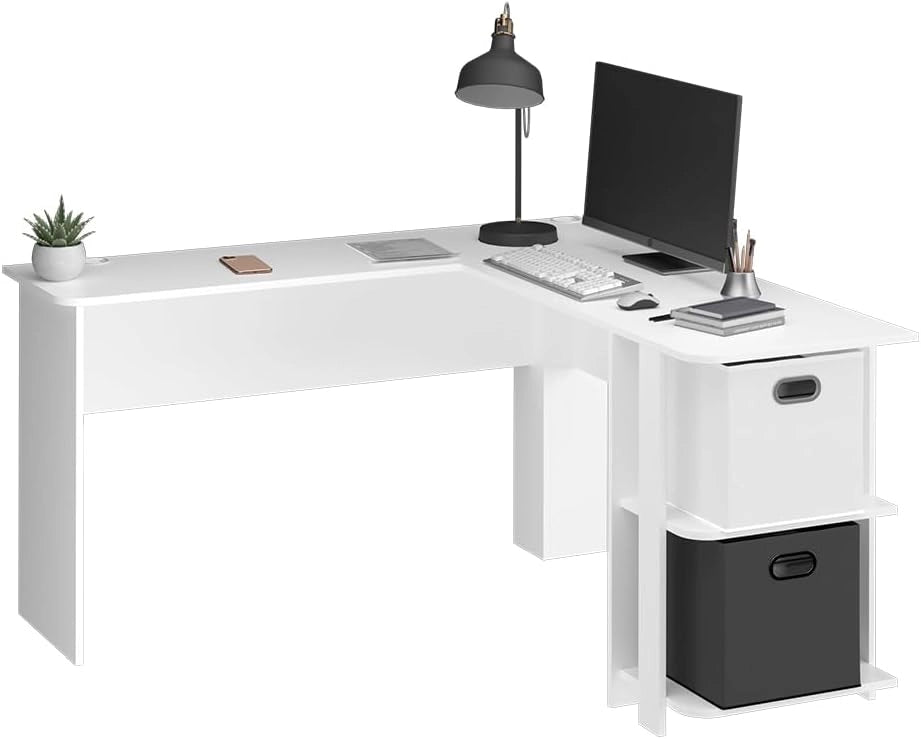 Scrivania angolare Nikita, Bianco, 140 x 140 cm, con vani a giorno per possibilità di appoggio flessibili