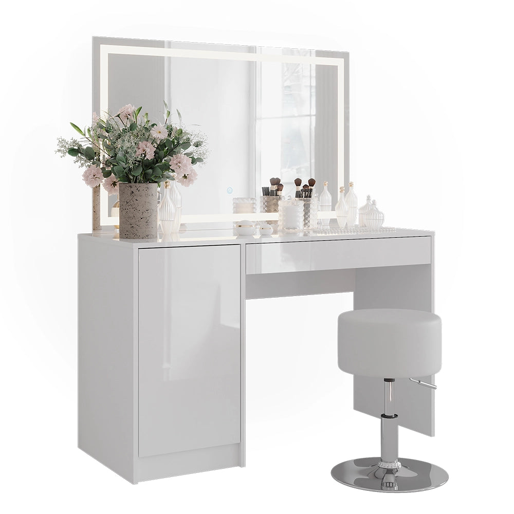 Vicco Tavolo da toeletta Bianco/bianco lucido 119.8 cm con specchio LED e sgabello