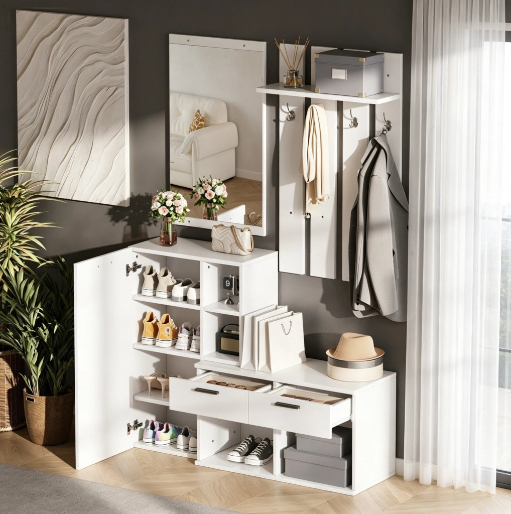 Garderoba da ingresso con specchio; 2 cassetti; 4 ganci e scarpiera 120x35x175;5 cm; bianco