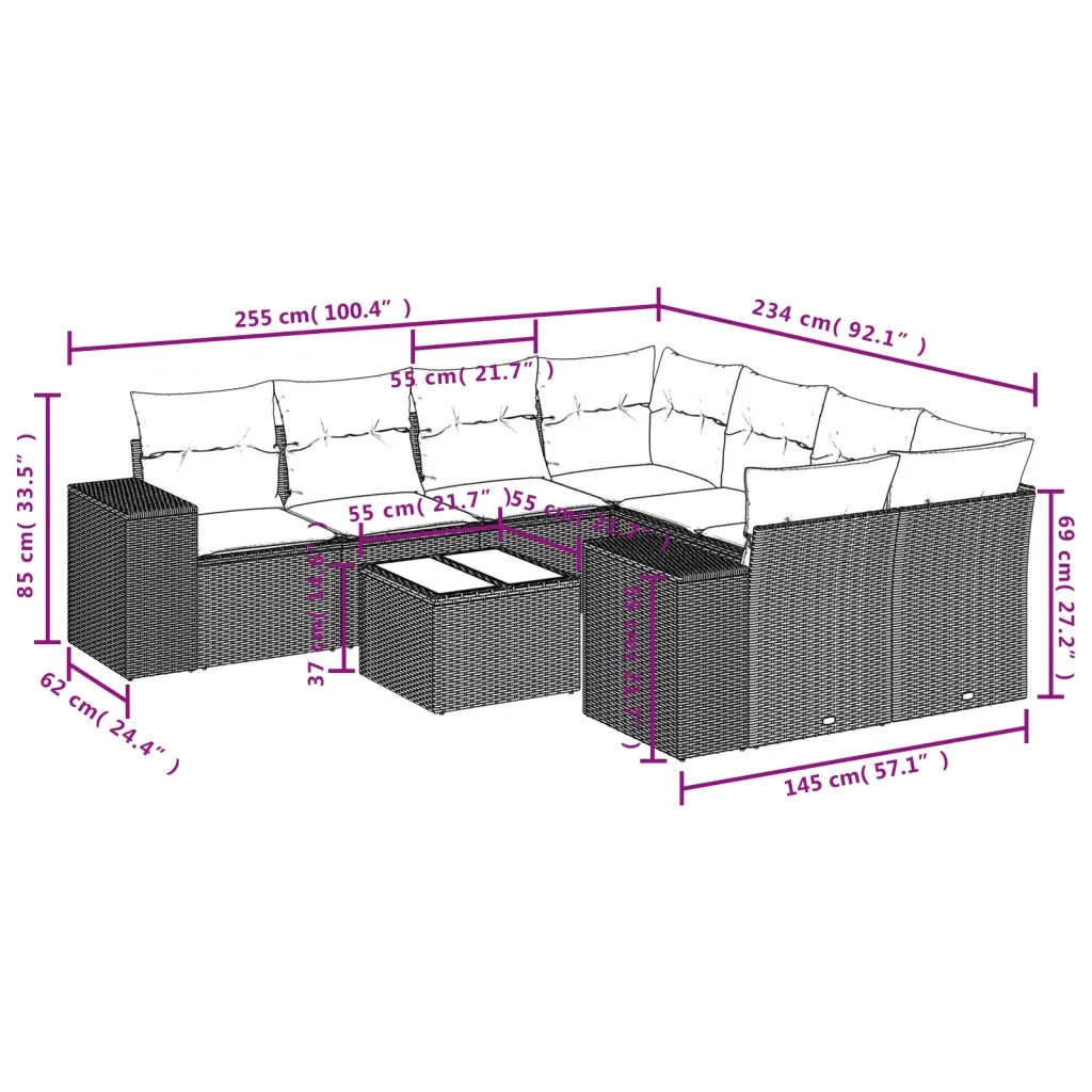 Set Divano da Giardino 9 pz con Cuscini Beige in Polyrattan