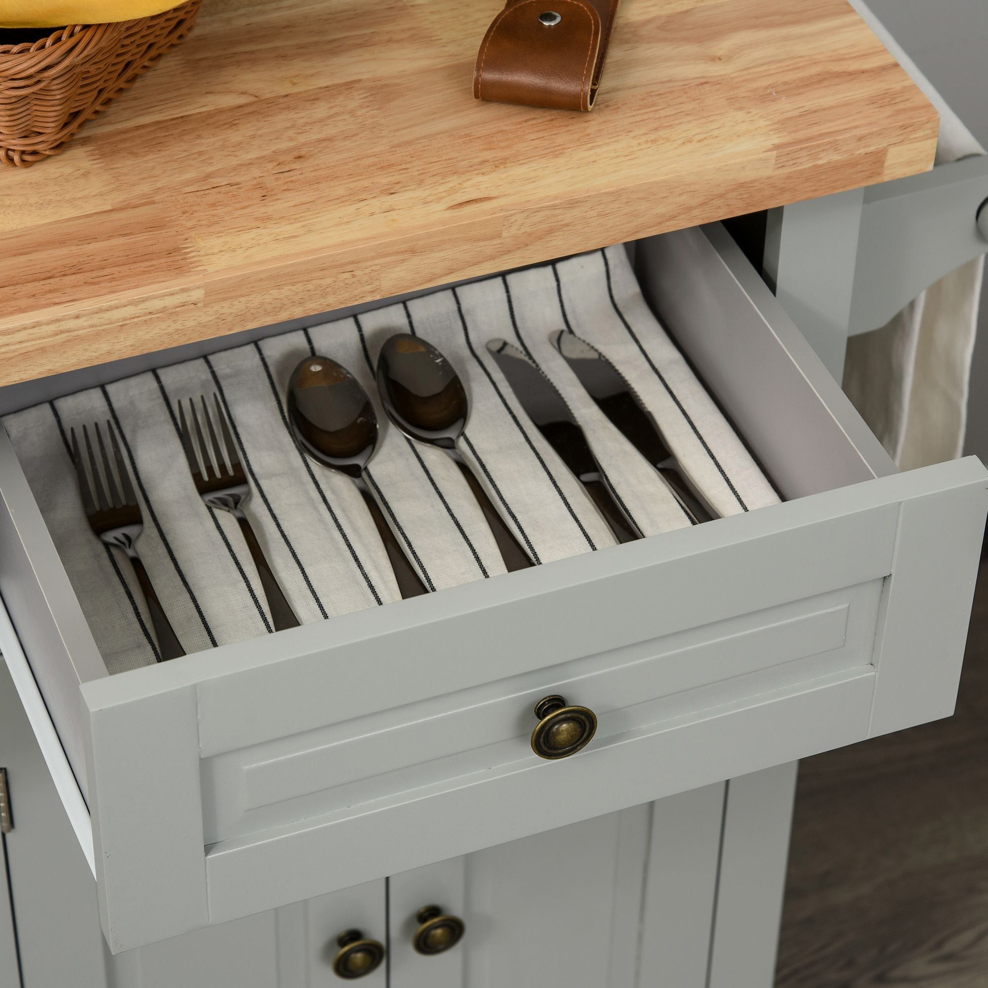 Carrello Isola da Cucina 2 Cassetti e 2 Armadietti Piano in Legno 111x44,5x82,5 cm Grigio