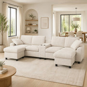 Divano U in tessuto boucl¨¦ beige con 2 pouf contenitore, tavolino laterale, porte USB e prese di corrente, 315¡Á135¡Á81 cm