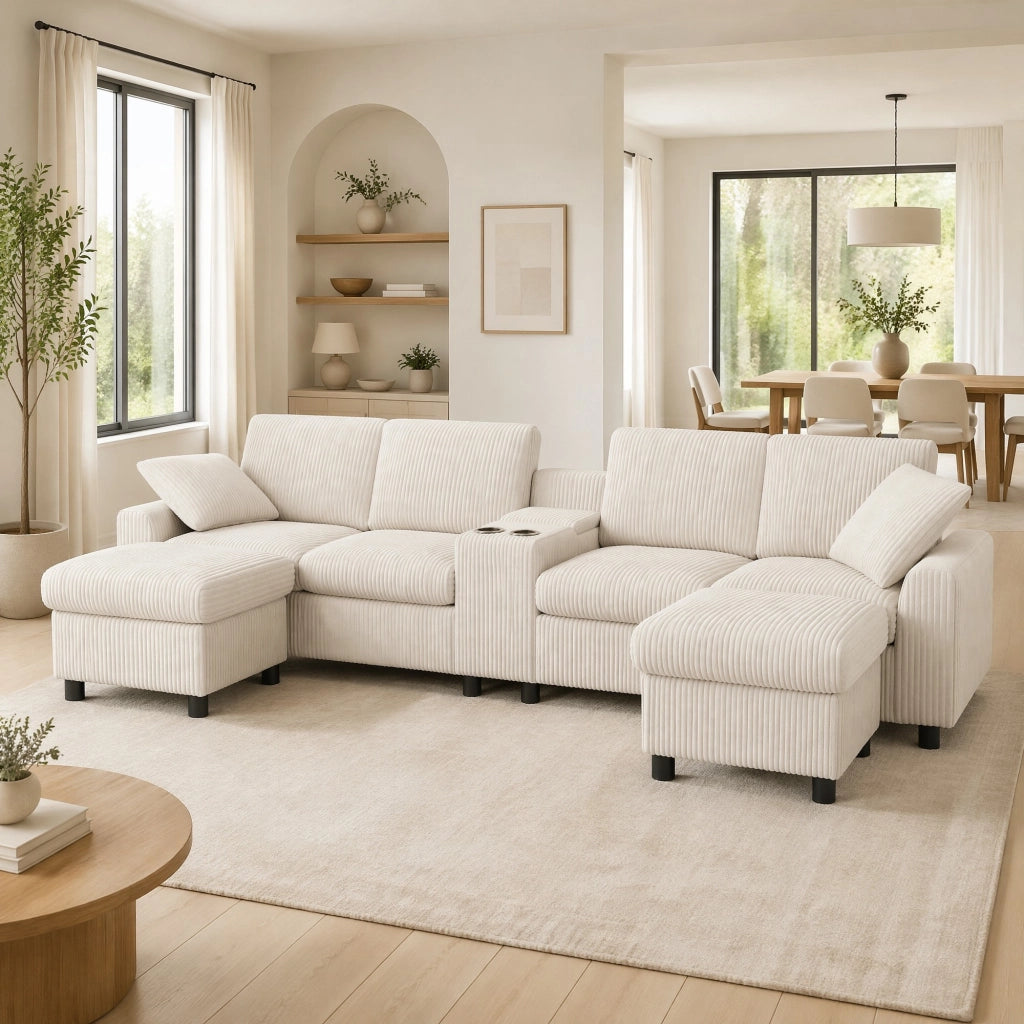 Divano U in tessuto boucl¨¦ beige con 2 pouf contenitore, tavolino laterale, porte USB e prese di corrente, 315¡Á135¡Á81 cm