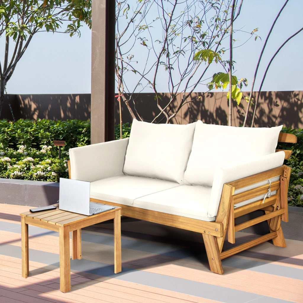 Divano letto convertibile in legno d'acacia con braccioli regolabili cuscini, Chaise longue da esterno Beige