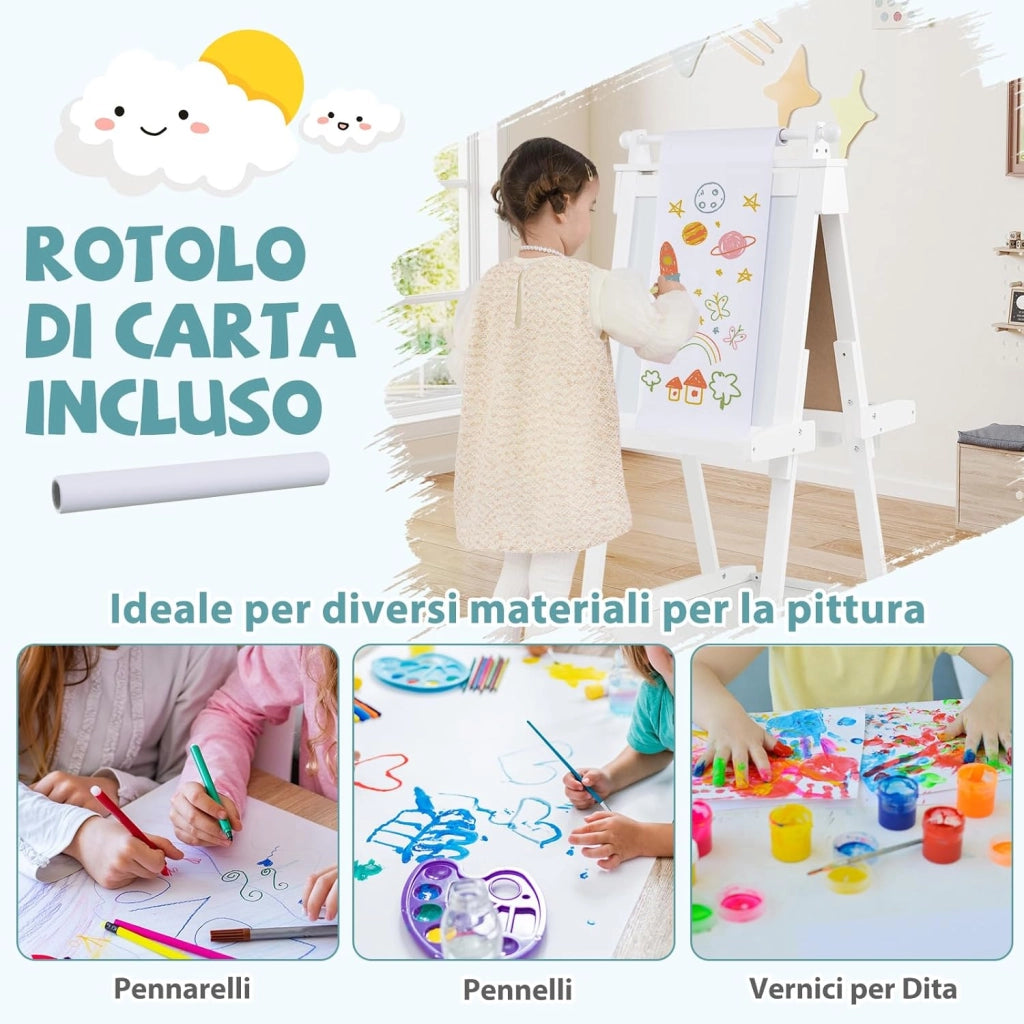 Lavagna per Bambini 3 in 1, Lavagna Magnetica con Lavagna Bifacciale, Rotolo di Carta, Vassoi Portaoggetti e 3 Bicchieri per Pittura, Cavalletto in Legno per Bambini 3+ Anni (Bianco)