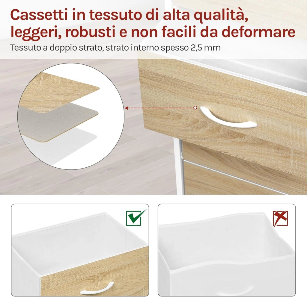 Cassettiera, 4 Cassetti in Tessuto, Armadio di Stoccaggio per Camera da Letto Corridoio Soggiorno, Struttura in Acciaio, E1 Piano Legno, Bianco