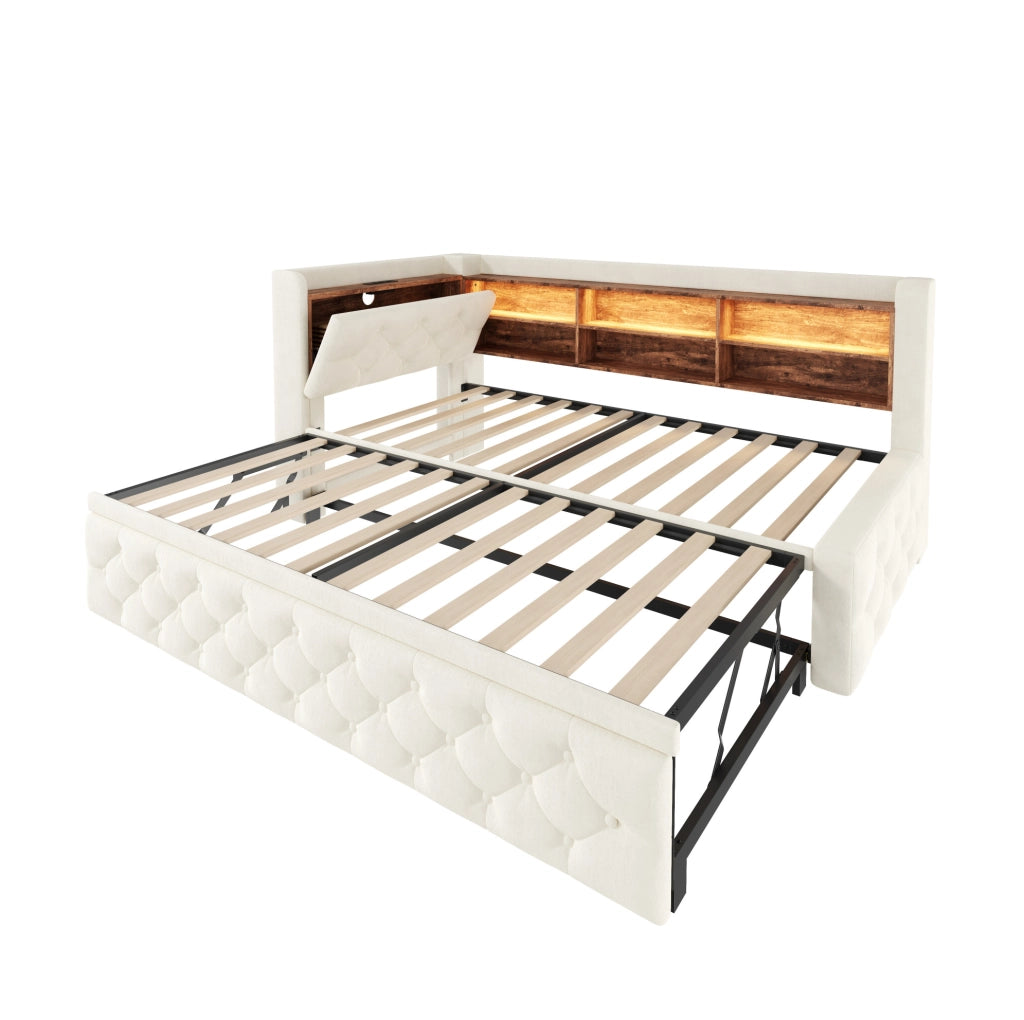 Divano letto 90x190 cm estraibile con contenitore; LED; USB e Type-C in velluto beige