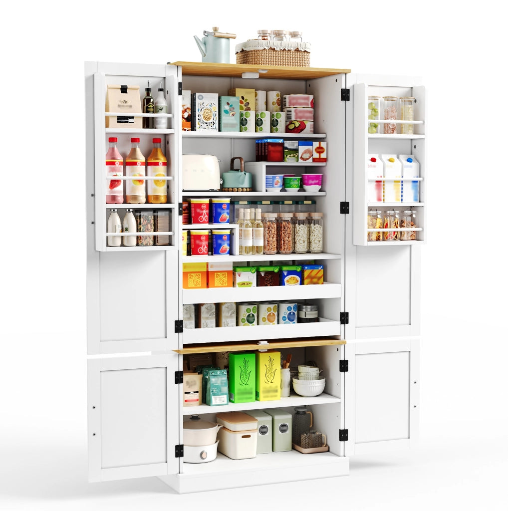 Credenza alta moderna in MDF bianco 80x40x180 cm con ante; cassetti e luce con sensore