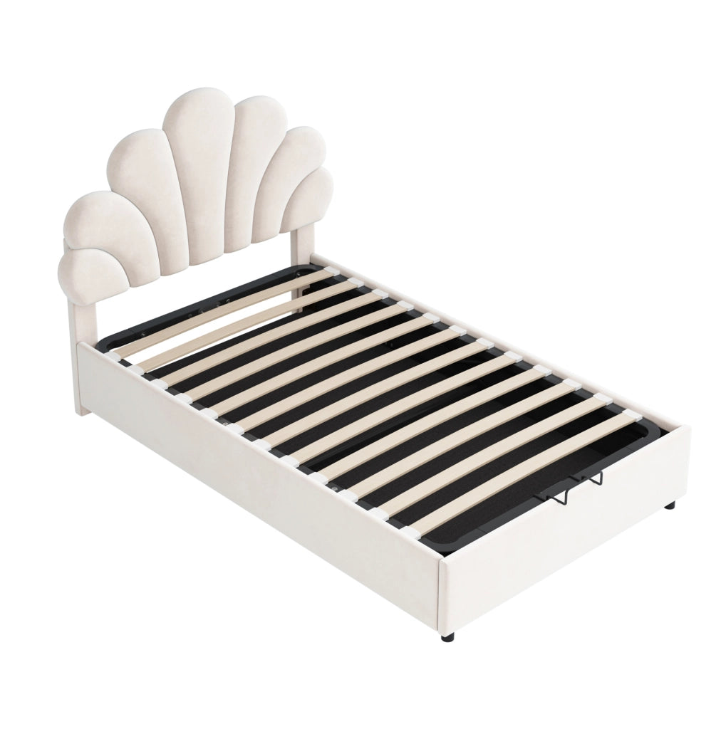 Letto imbottito 90x200 cm con vano contenitore idraulico in velluto beige