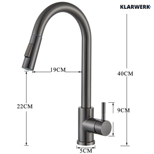 JANA | Rubinetto da cucina estensibile Premium in acciaio inox grigio titanio miscelatore arco alto | alta pressione ruotabile a 360° 2 attacchi