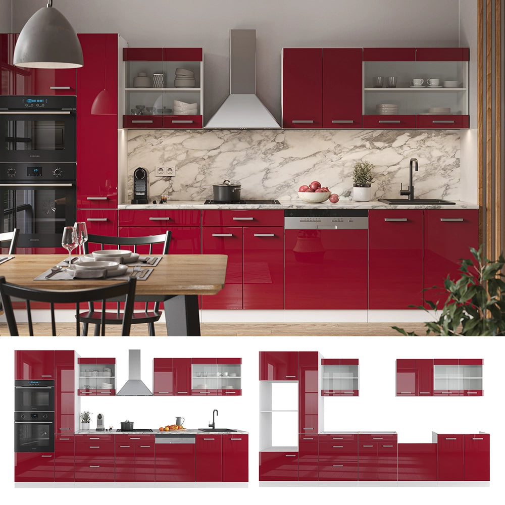Mobile da cucina R-Line Rosso lucido/Bianco 350 cm con armadio alto, PL Antracite Vicco