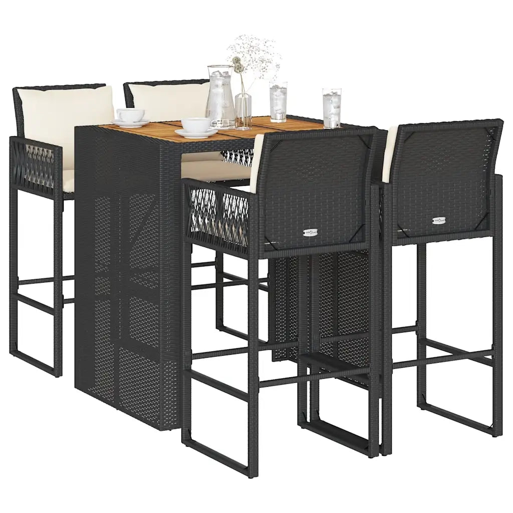 Set Bar da Giardino 5 pz con Cuscini Nero in Polyrattan Acacia 3328896