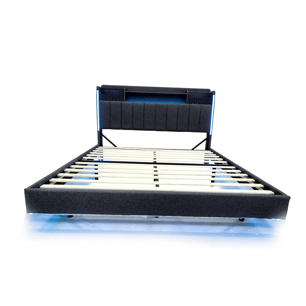 Letto matrimoniale con illuminazione LED - Xylo - 160x200 cm - Grigio - Con contenitore