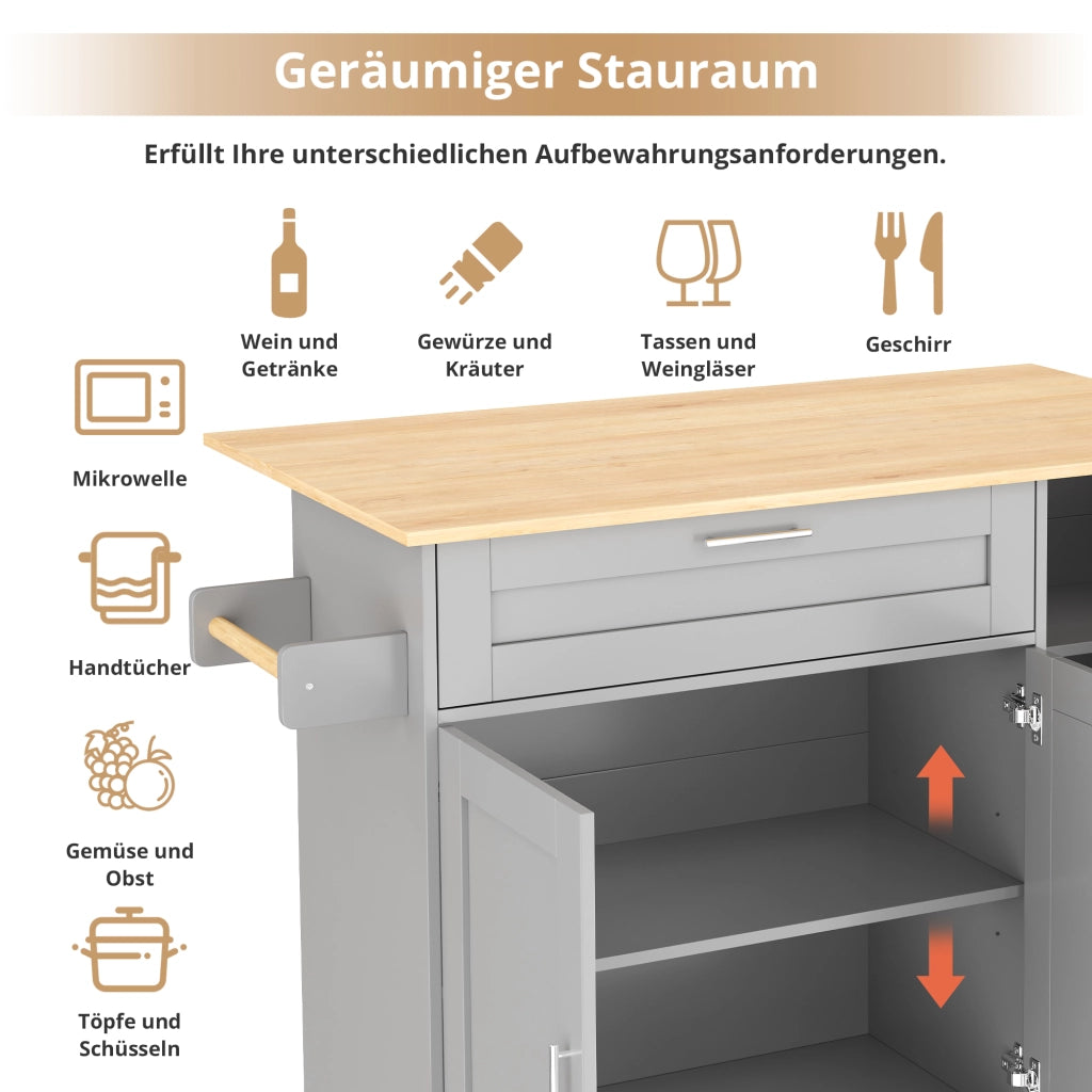Carrello da Cucina con 2 Ante; 1 Cassetto; Ripiani Regolabili; Piano Pieghevole e Portasciugamani; 132.5x44x90 cm