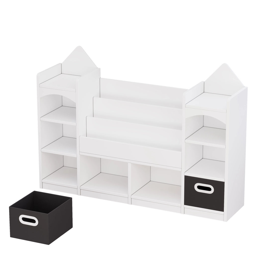 Libreria per bambini con 2 scatole pieghevoli, design a castello, bianco, MDF
