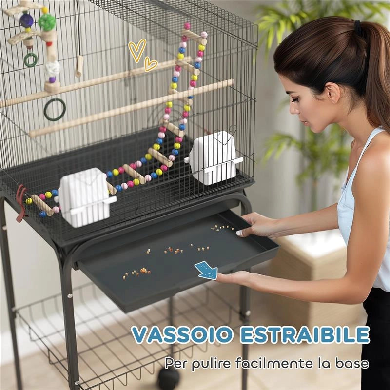 GABBIA PER UCCELLI CON PIEDISTALLO RUOTE GIREVOLI RIPIANO E ACCESSORI 46X36X120 CM NERO