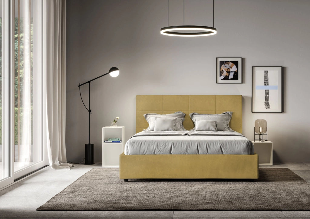 Letto Matrimoniale 160x190 cm con Rete e Contenitore Giroletto con Alzata Comoda Imbottito in Microfibra Mika Ocra