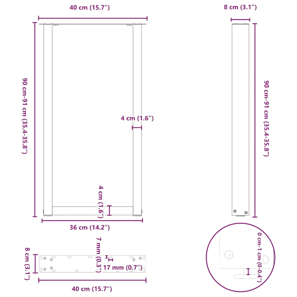 Set di 2 gambe per tavolo da bar a forma di U 40 x 90-91 cm con piedini regolabili stile moderno acciaio naturale 02_0057459