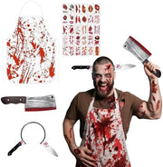 Costume da Halloween con grembiule da macellaio con coltello da cucina con 30 adesivi horror per Halloween e decorazione da festa