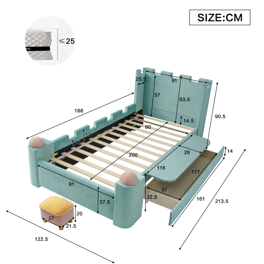 Letto con Sponda 90x200 cm; Letto Singolo - Cassetto; Mensola Pieghevole - Bluverde