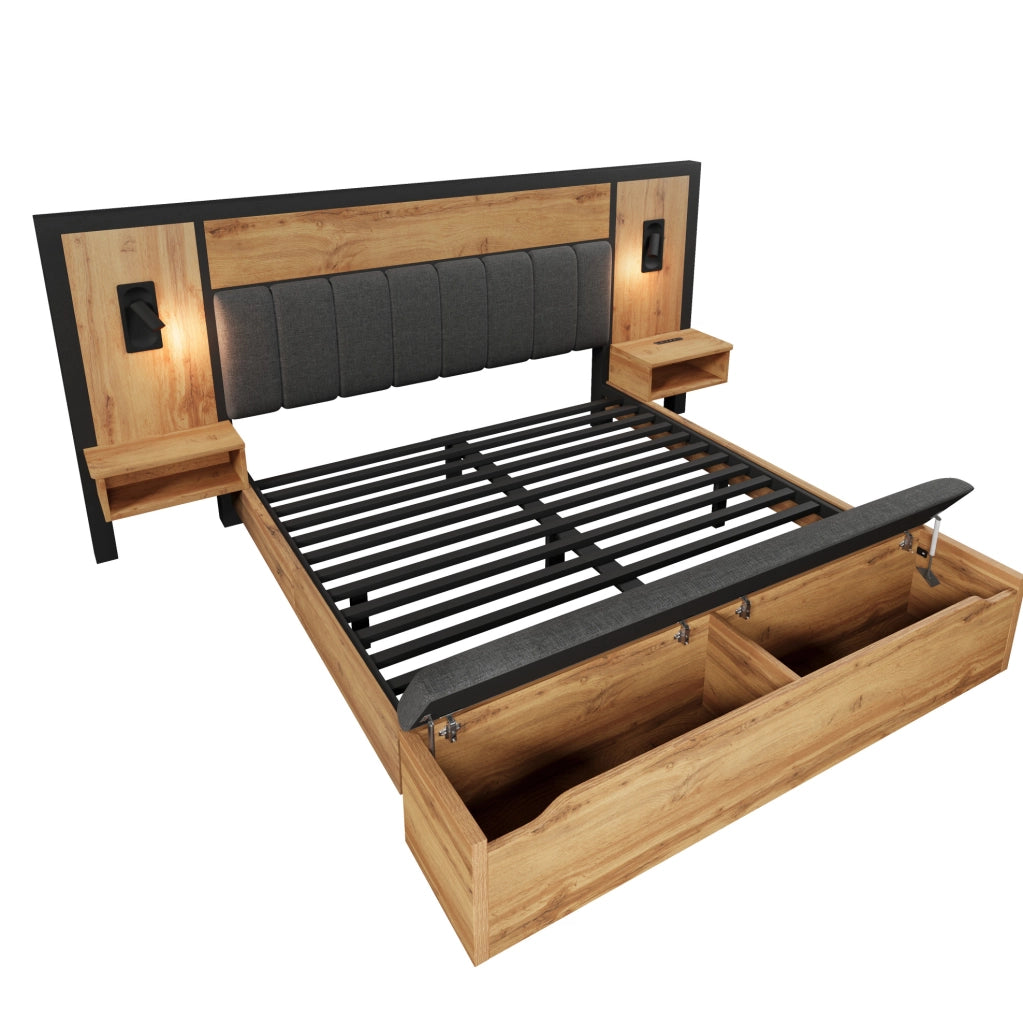 Letto 160x200 cm con luci da lettura; USB C e panca contenitore; metallo; MDF e lino; rovere