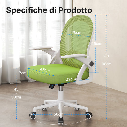 Sedia Ufficio con Supporto Lombare - RATTANTREE - Sedia Ufficio da Scrivania ergonomica Braccioli 90° Regolabile - Verde
