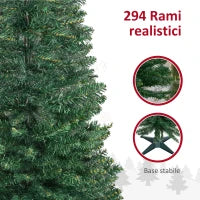 Albero di Natale Artificiale 150cm Alto e Stretto con Rami Realistici e Base in Plastica, Verde