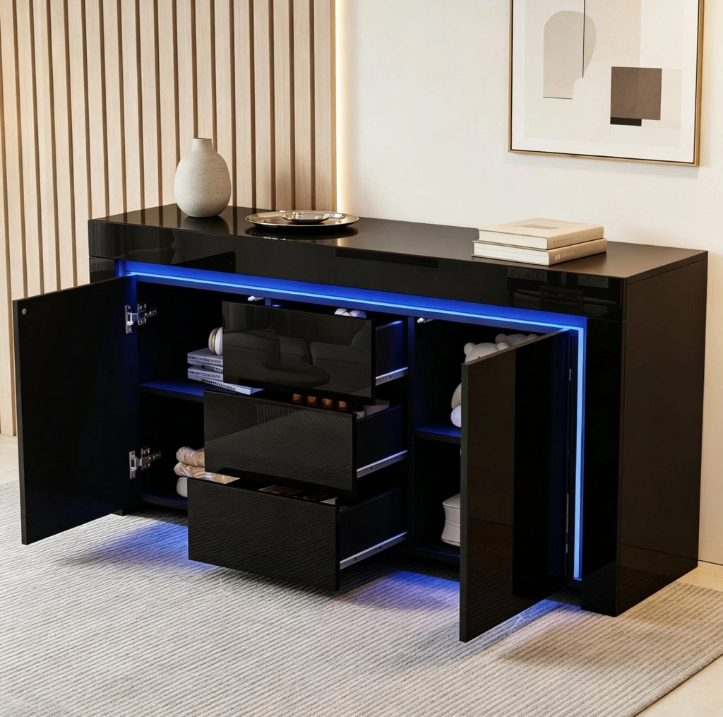 Sideboard nero lucido con LED, 2 ante e 3 cassetti 140 cm