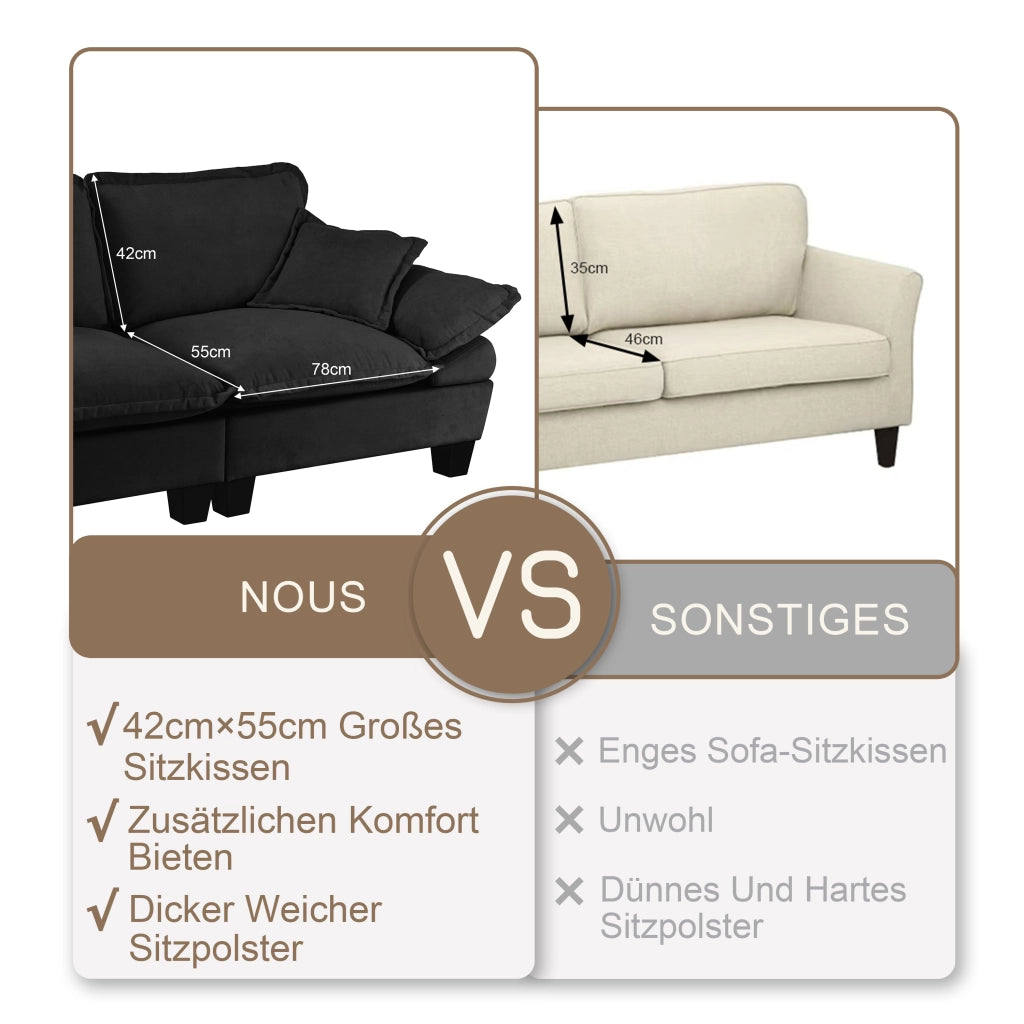 Divano modulare angolare a U con pouf mobile in chenille nero, schienale alto, braccioli larghi, 323 × 151 × 90 cm