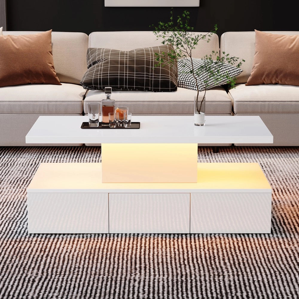 Tavolino da Caff¨¨ con LED 16 Colori e Cassetto ¨C MINIMAL ¨C Bianco Lucido, Rettangolare, 2 Ripiani