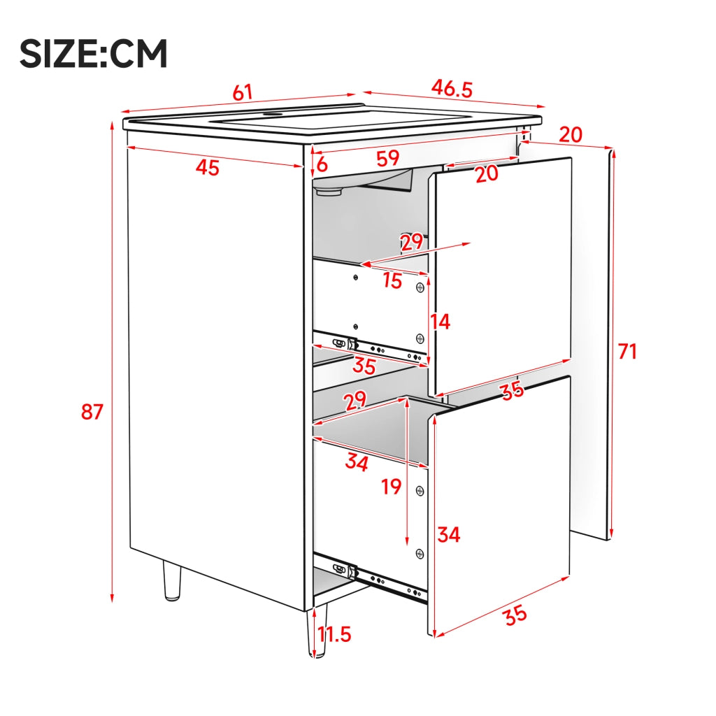 Mobile lavabo freestanding 61 x 46,5 x 87 cm con doppio cassetto, lavabo in ceramica integrato e finitura laccata bianca