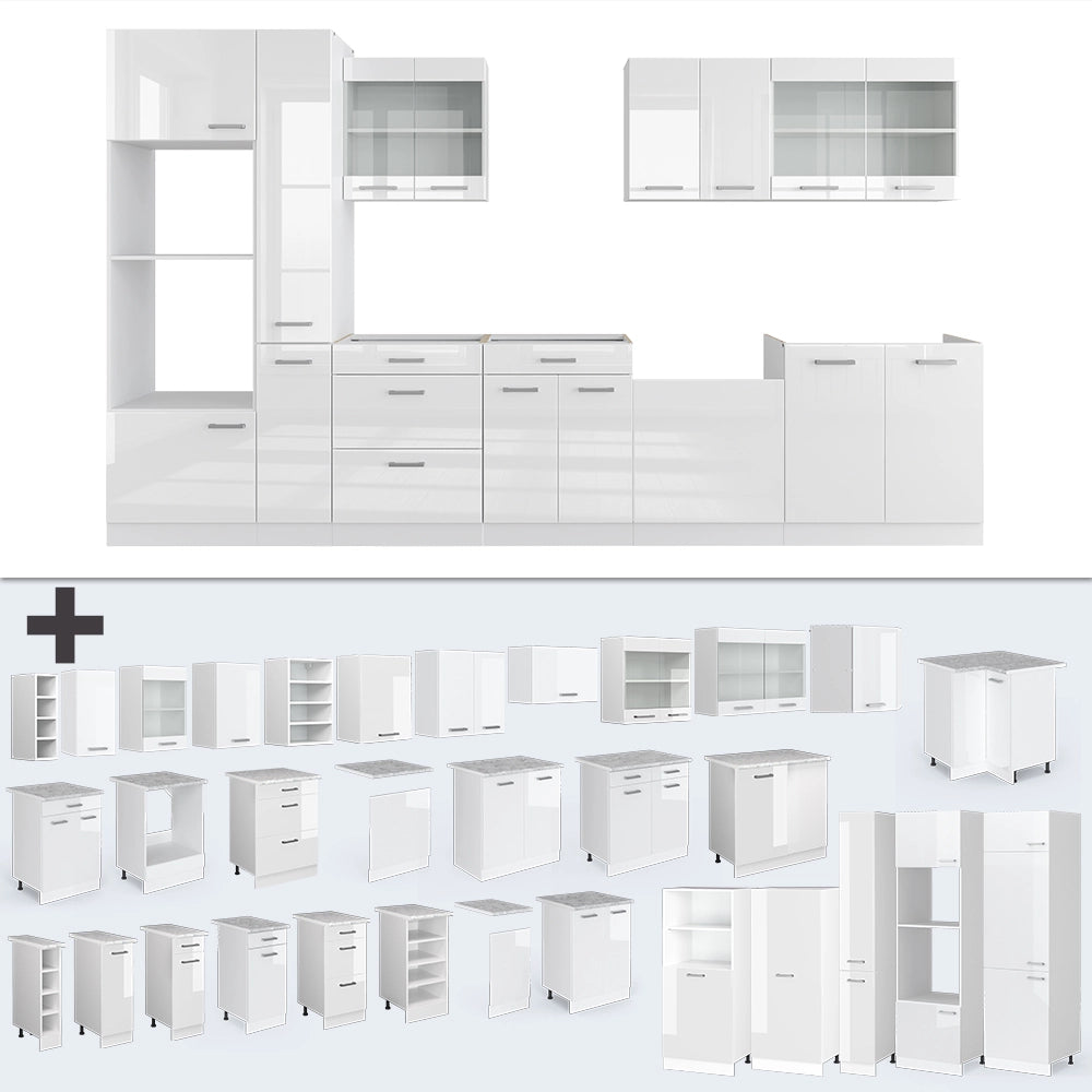 Cucina componibile R-Line Bianco lucido/Bianco 350 cm con armadio alto, PL Antracite Vicco