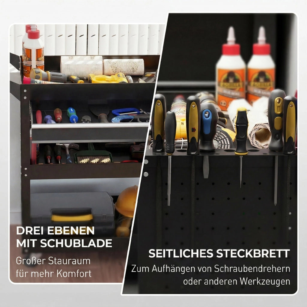 Carrello 3 Livelli 82x35x76 cm con Cassetto Porta Utensili Laterale e Maniglia in Acciaio Nero