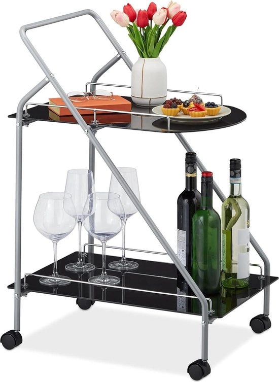Carrello da cucina 2 piani con ruote Dimensioni: 84 x 45 x 60 cm Carrello da cucina moderno vetrato e metallico nero