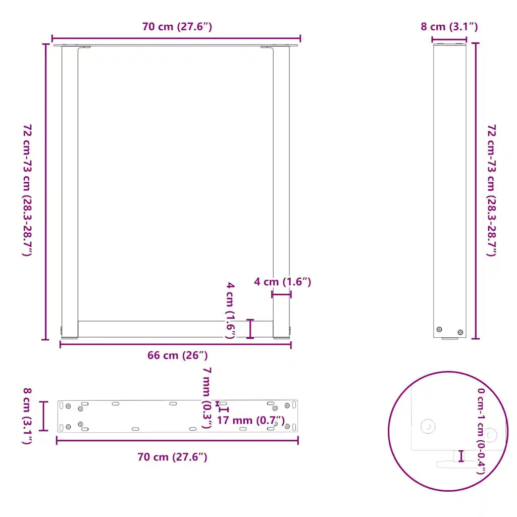 Gambe per tavolo da pranzo a forma di U 2 pz in acciaio naturale 70x(72-73) cm 4013187
