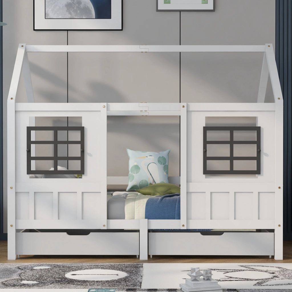 Letto a casetta con finestre e 2 cassetti 207x97x174 cm; struttura robusta in legno; bianco