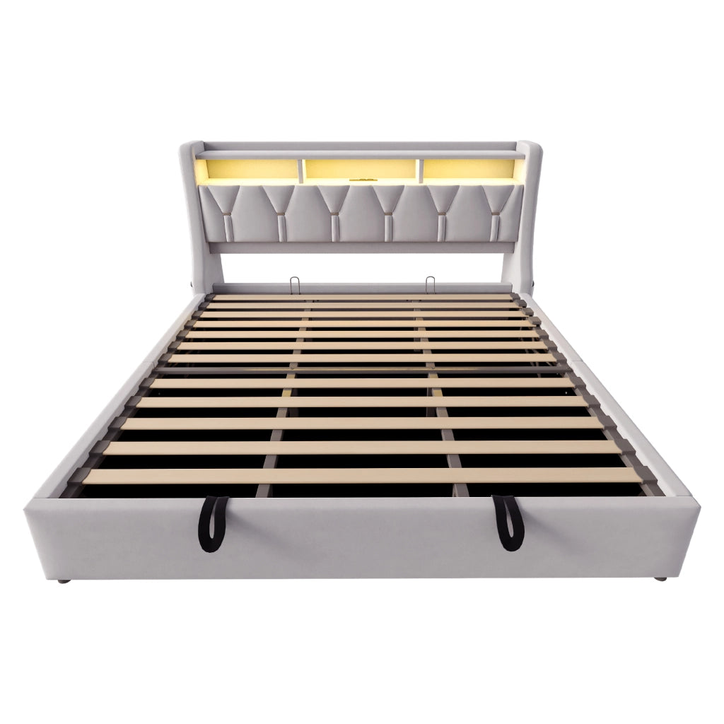 Letto imbottito 180x200 cm con contenitore idraulico, testiera reclinabile con prese USB e USB-C, LED e rivestimento in velluto grigio chiaro