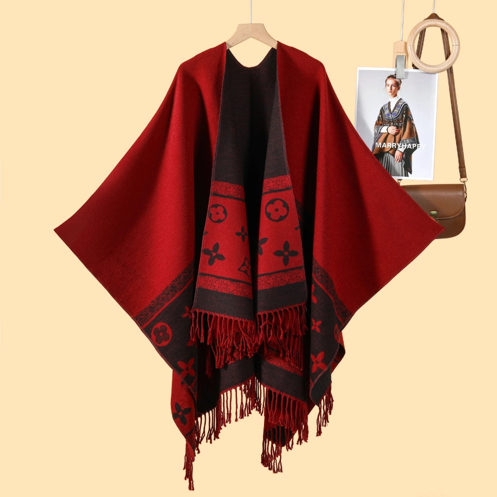 Nuovo scialle monocromatico con nappe, diviso, double-face, jacquard 3D a onde, caldo cashmere