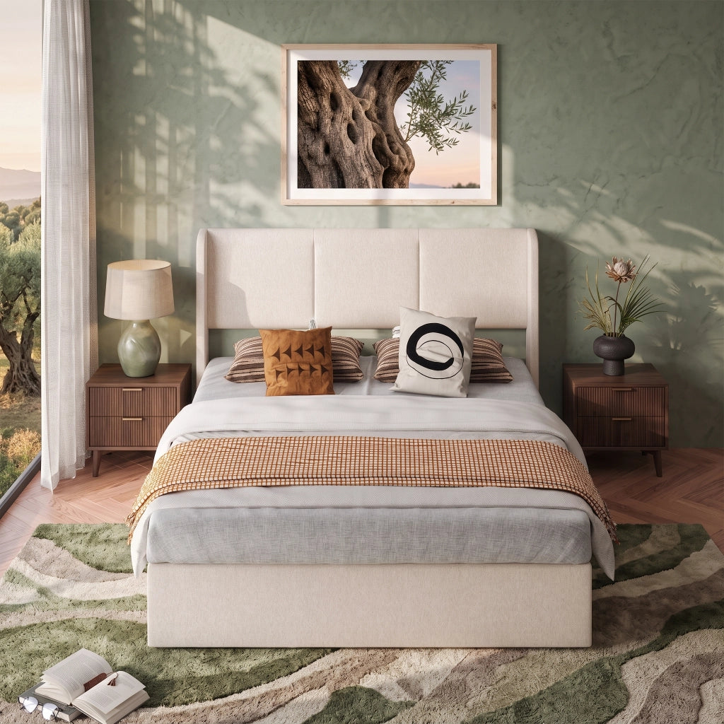 Letto matrimoniale contenitore 140x190 cm con testiera imbottita rete a doghe e vano contenitore idraulico in lino-beige