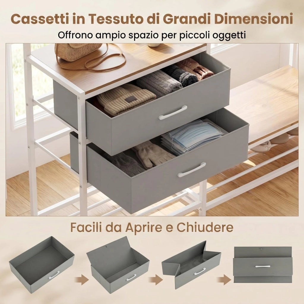 Appendiabiti con 2 Scarpiere, Attaccapanni da Ingresso Multifunzionale con 3 Ganci, 2 Cassetti in Tessuto, 2 Ripiani in Legno e Borsa, Piedini Regolabili, per Camera da Letto e Soggiorno