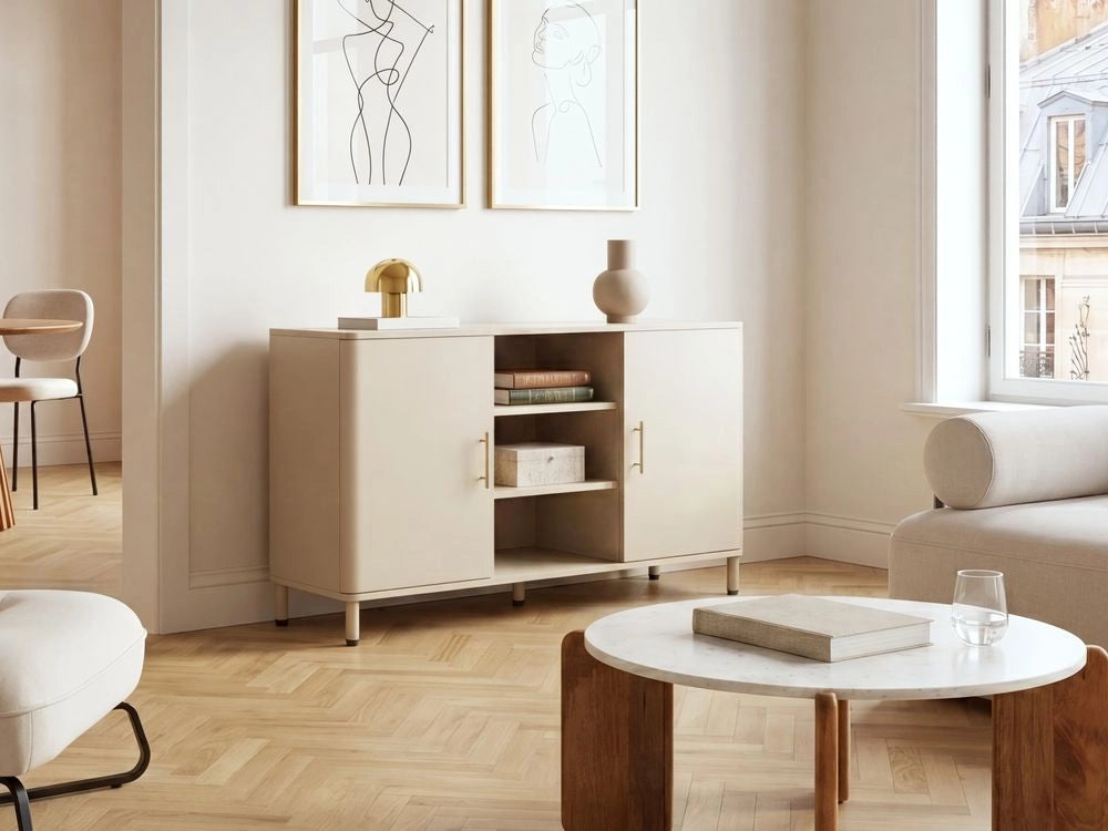 Credenza in acciaio color beige a 2 ante con ripiani aperti, angoli arrotondati e maniglie dorate