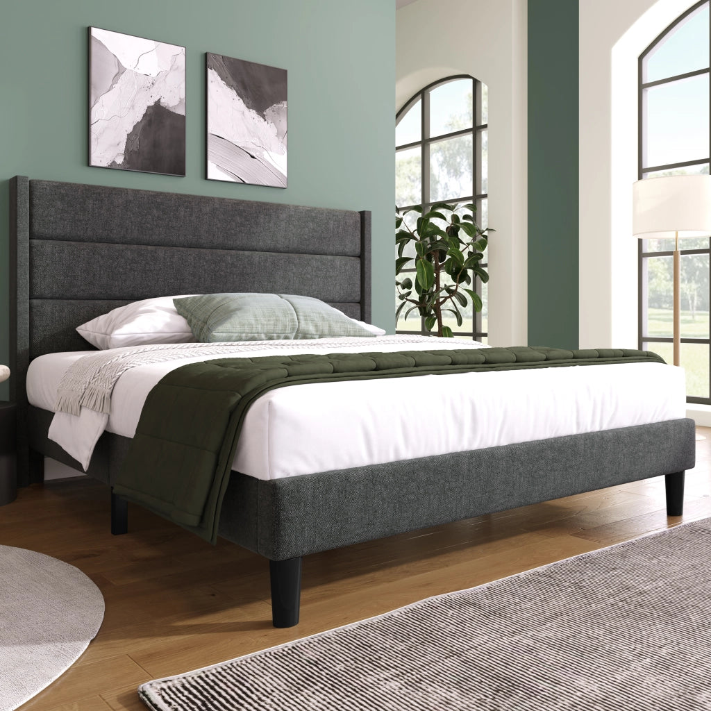 Letto Matrimoniale 140 x 200 cm con Testiera Imbottita; senza Materasso; in Tessuto Lino; Grigio Scuro