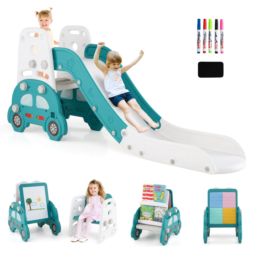 Set scivolo 5 in 1 convertibile bambini pieghevole arrampicata-Set cavalletto disegno sgabello libreria lavagna bifacciale blocchi