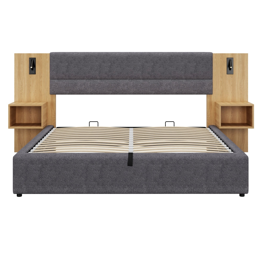 OKWISH Letto Contenitore 160×200 cm, Letto Matrimoniale con USB, Tipo C, Illuminazione e 2 Comodini, senza Materasso, in Velluto, Grigio e Naturale