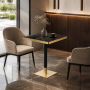 Tavolo quadrato 60x60 cm effetto marmo con bordo dorato e struttura in metallo nero