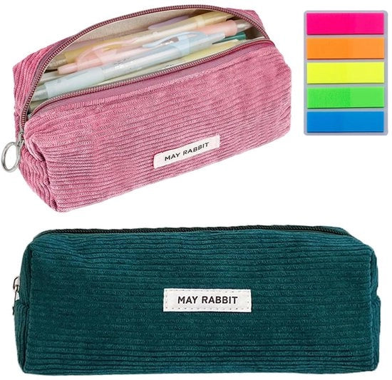 Etui a 2 pezzi in corduroy, con grande capacità di stoccaggio, per penne, organizzatore per scuola, ufficio e viaggi (rosa scuro, verde scuro)