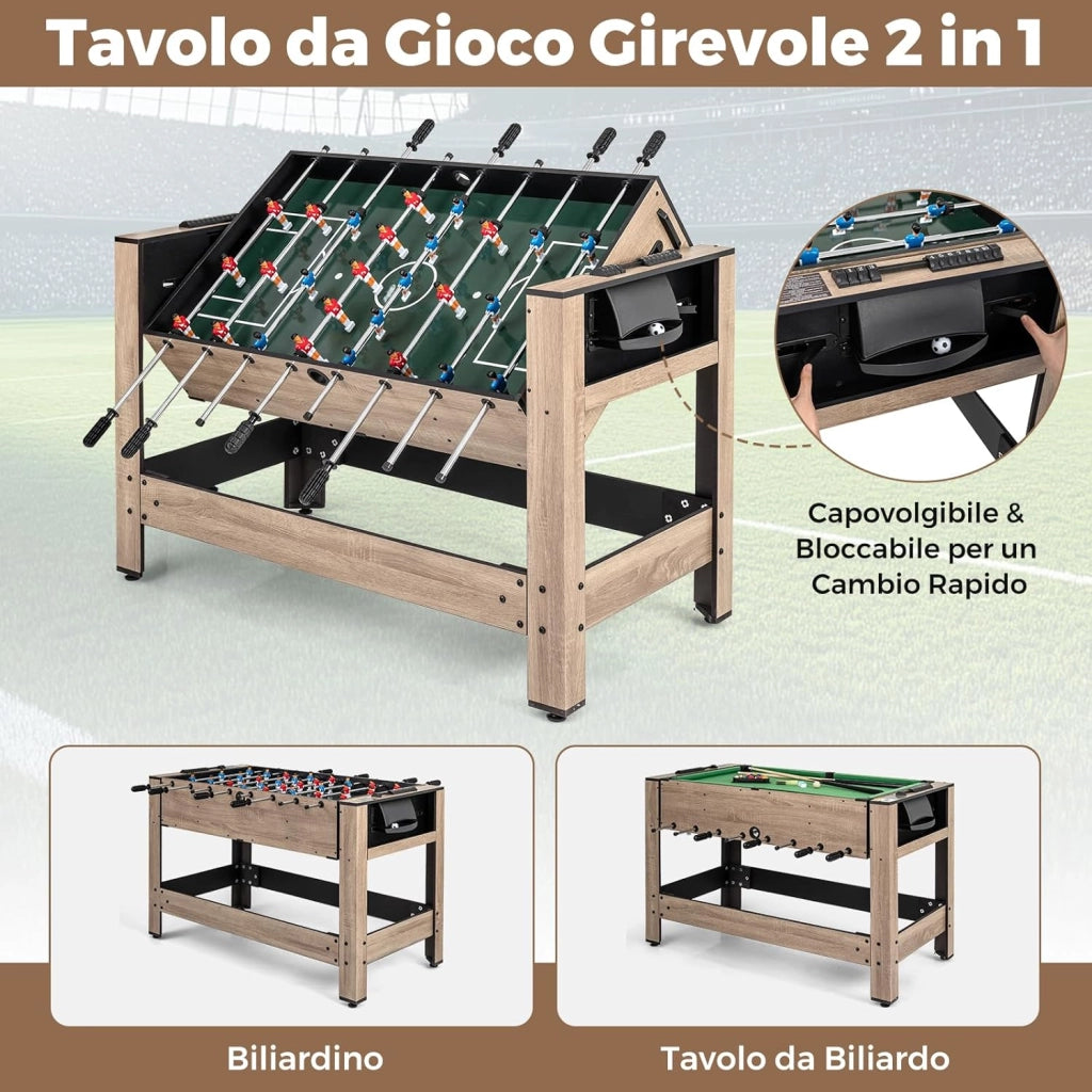 2 in 1 Calcio Balilla, Tavolo da Biliardo con 2 Palline, Stecche Triangolo Spazzola e Gessetti, Tavolo Multigioco per Casa Sala Giochi e Feste