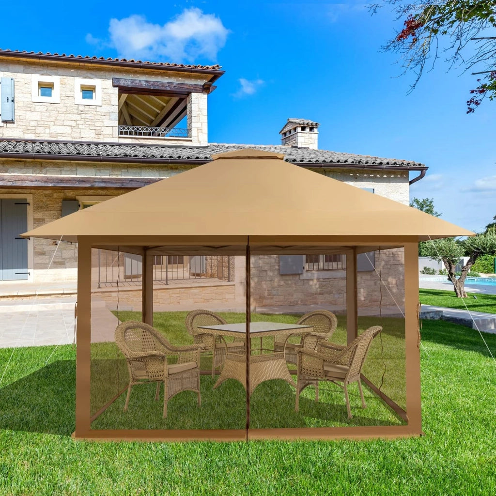 Gazebo da Giardino, 4 x 4 m, Regolabile in Altezza, Pieghevole, Terrazza, Spiaggia con Corsa per il Trasporto con Ruote, Marrone